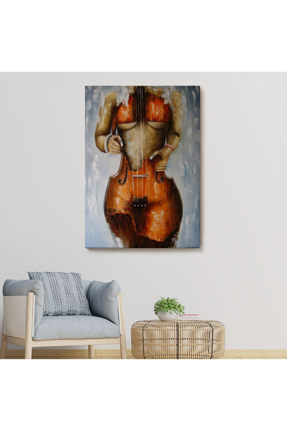 Violin Kadın Kanvas Duvar Tablosu, Kadın Keman Sanatı, Suluboya Tuval-5229