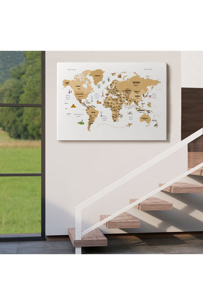 Dünya Haritası Dekoratif Kanvas Tablo Ülke ve Başkentli Öğretici ve Sembollü 2323