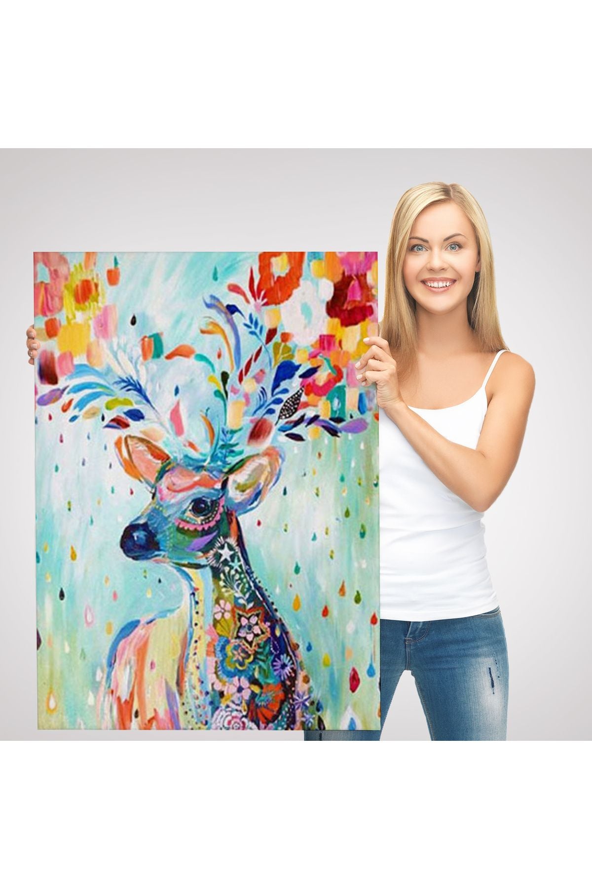 Renkli Çiçek Detaylı Geyik Dekoratif Duvar Tablosu-6196