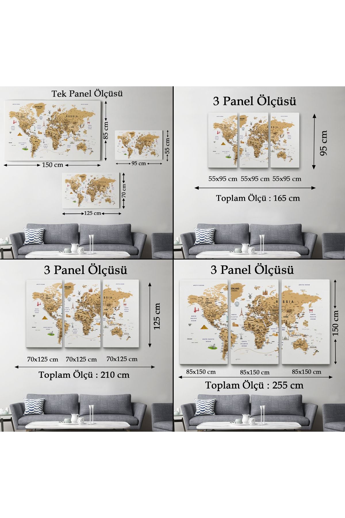 Dünya Haritası Son Derece Ayrıntılı Eğitici ve Sembollü Dekoratif Kanvas Tablo 3219