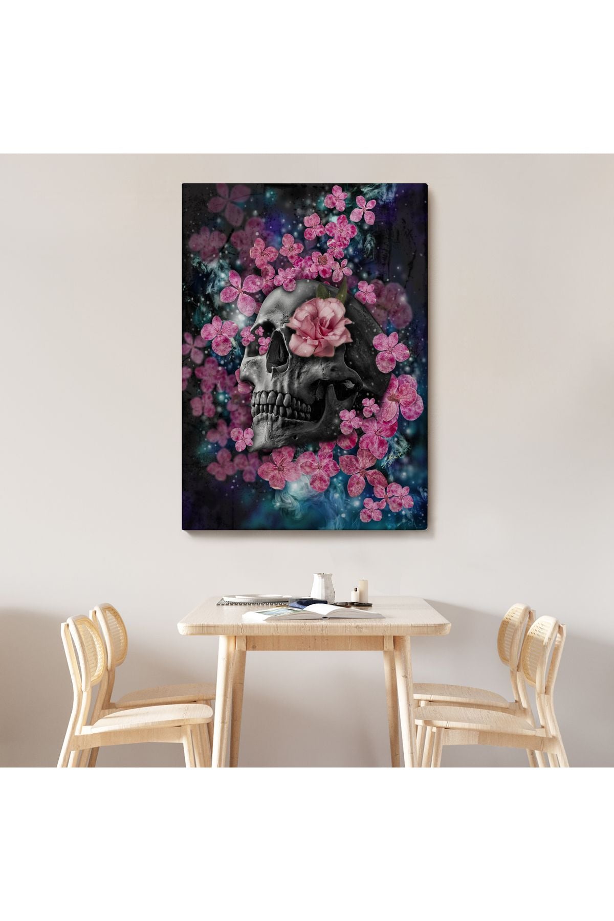 İskelet Kafa ve Pembe Çiçekler Kanvas Tablo Duvar Sanatı-5234