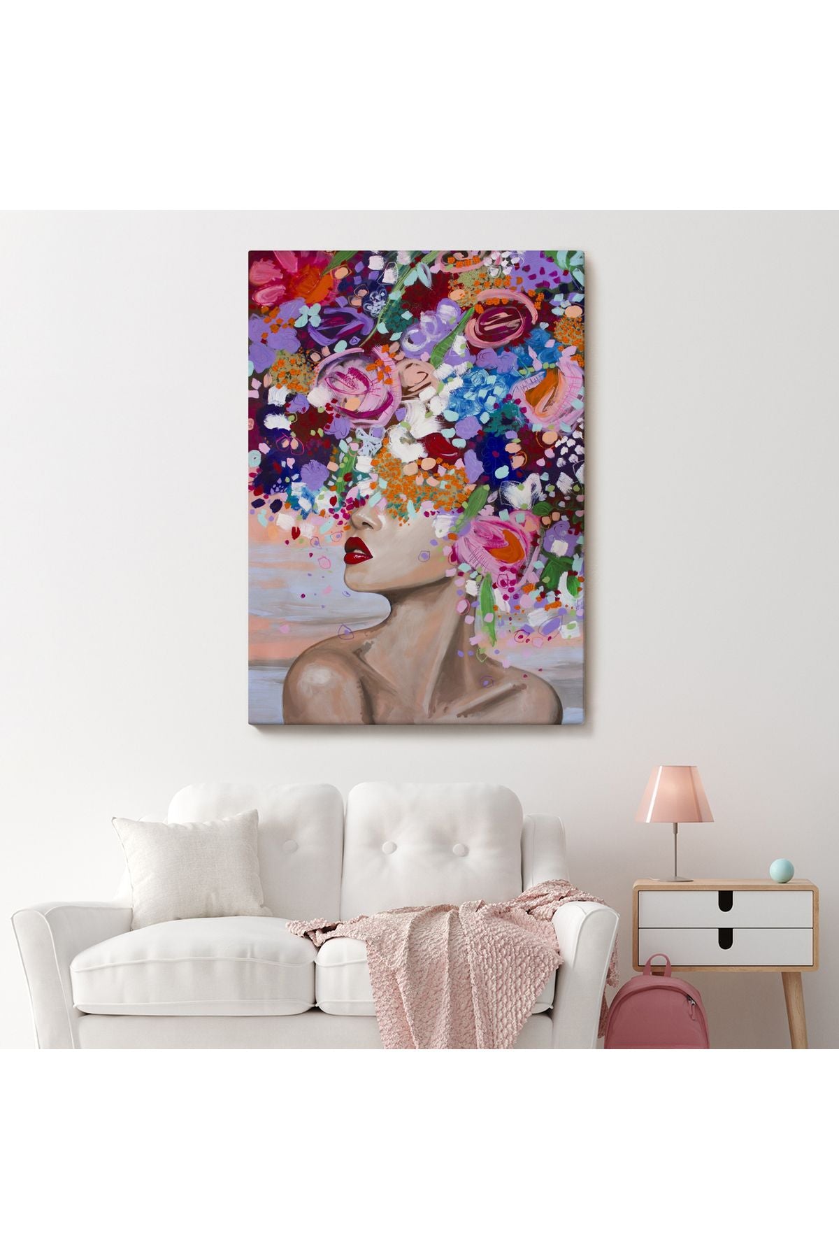 Çiçek Saçlı Kadın Yağlıboya Görünüm Dekoratif Kanvas Duvar Tablosu -6413