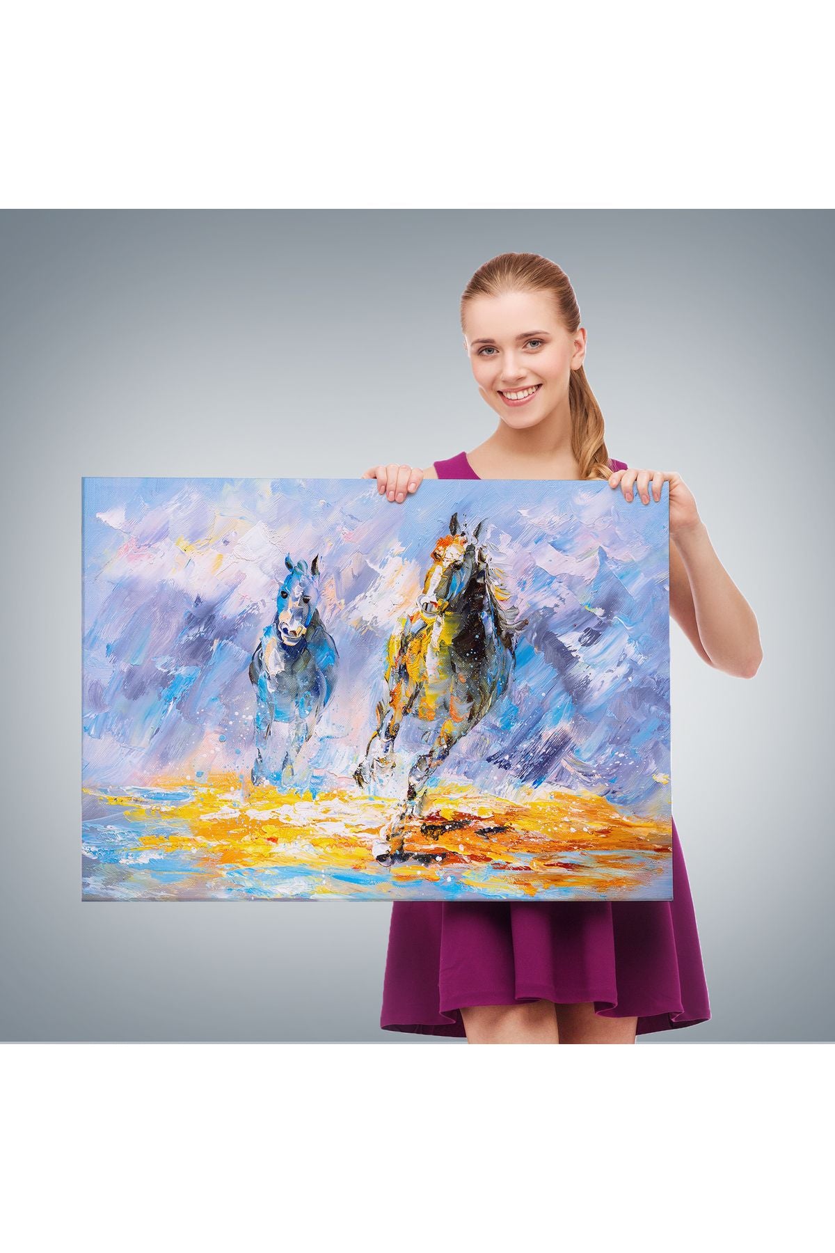 Koşan Atlar Yağlıboya Görünüm Dekoratif Kanvas Duvar Tablosu-3490