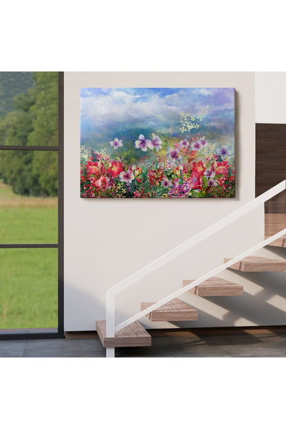 Renkli Çiçekler Suluboya Görünüm Dekoratif Kanvas Duvar Tablosu-3475