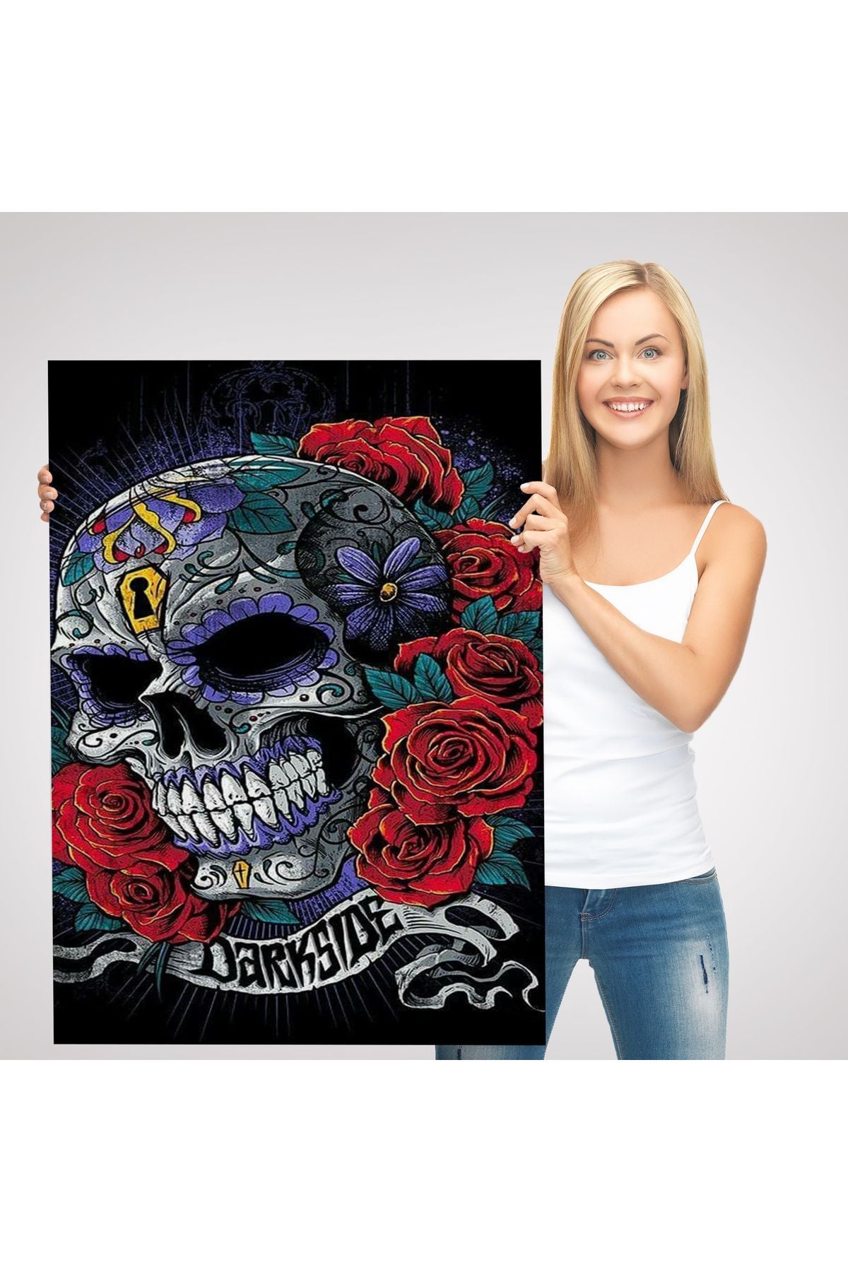 Renkli Çiçeklerle Kafatası Posteri, Şeker Kafatası Sanatsal Kanvas Tablo-5256