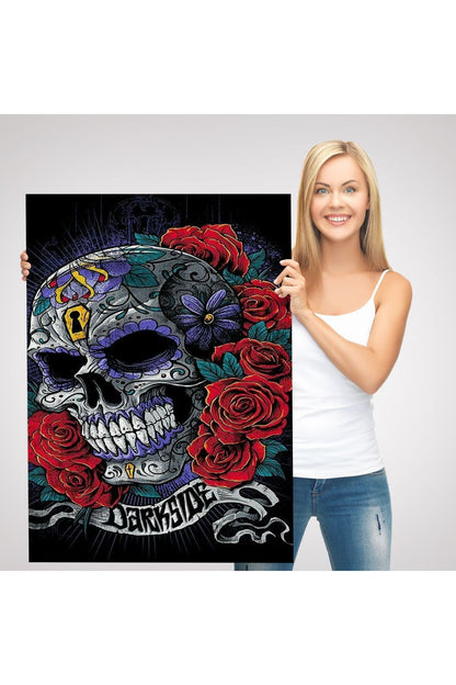 Renkli Çiçeklerle Kafatası Posteri, Şeker Kafatası Sanatsal Kanvas Tablo-5256