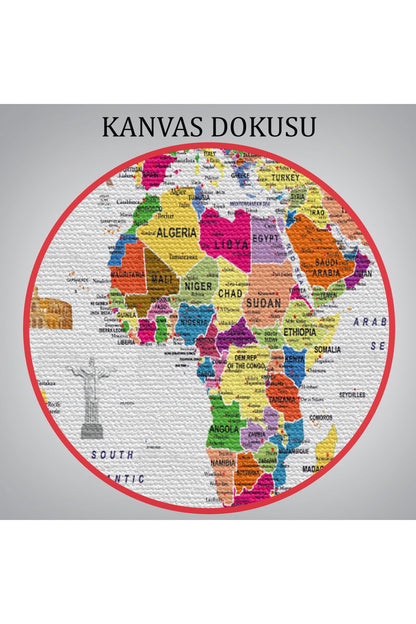 Dünya Haritası Ayrıntılı Eğitici Sembollü Bayraklı Dekoratif Kanvas Tablo 2839