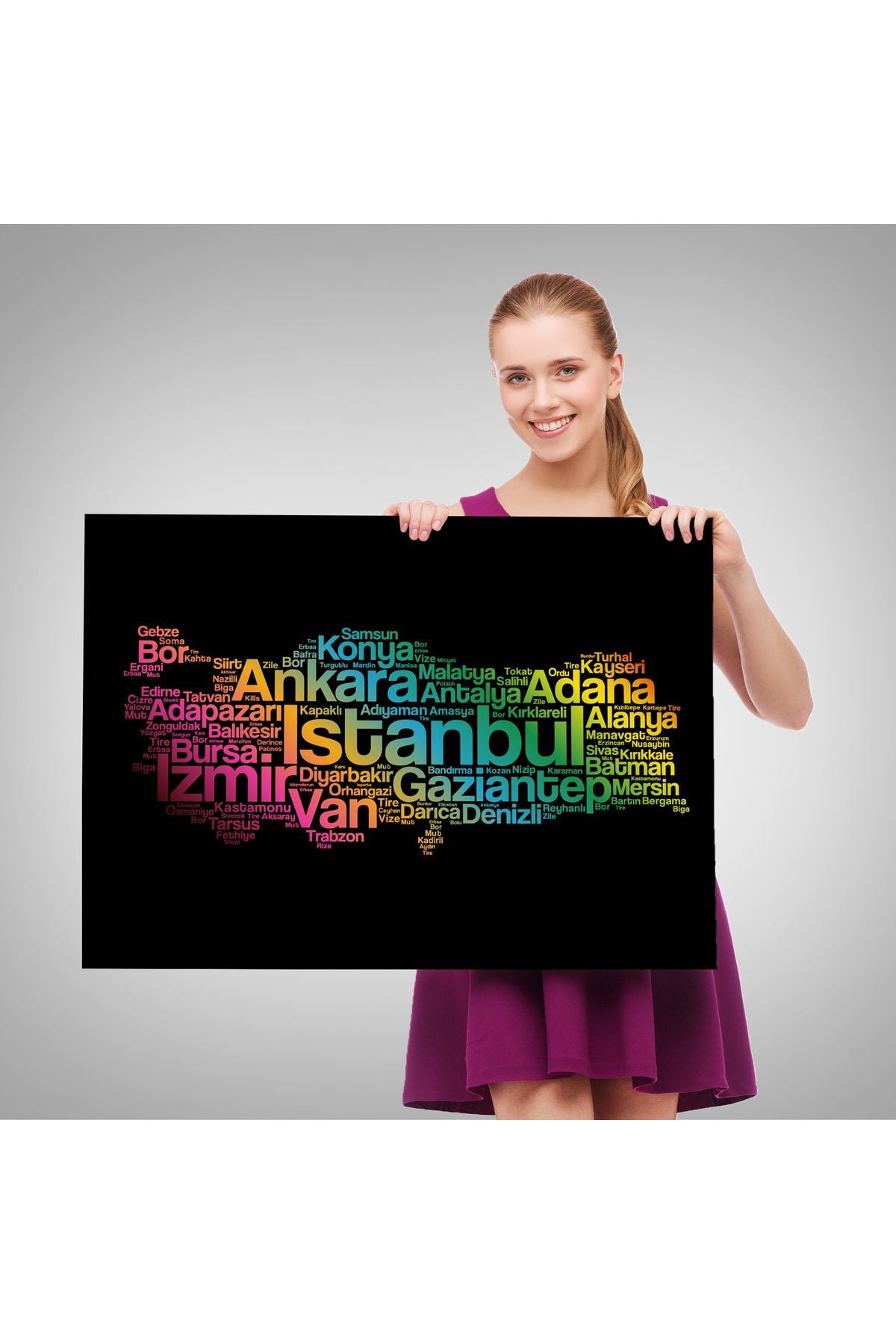 İller İsimli Siyah Zeminli Dekoratif Kanvas Tablo 1016