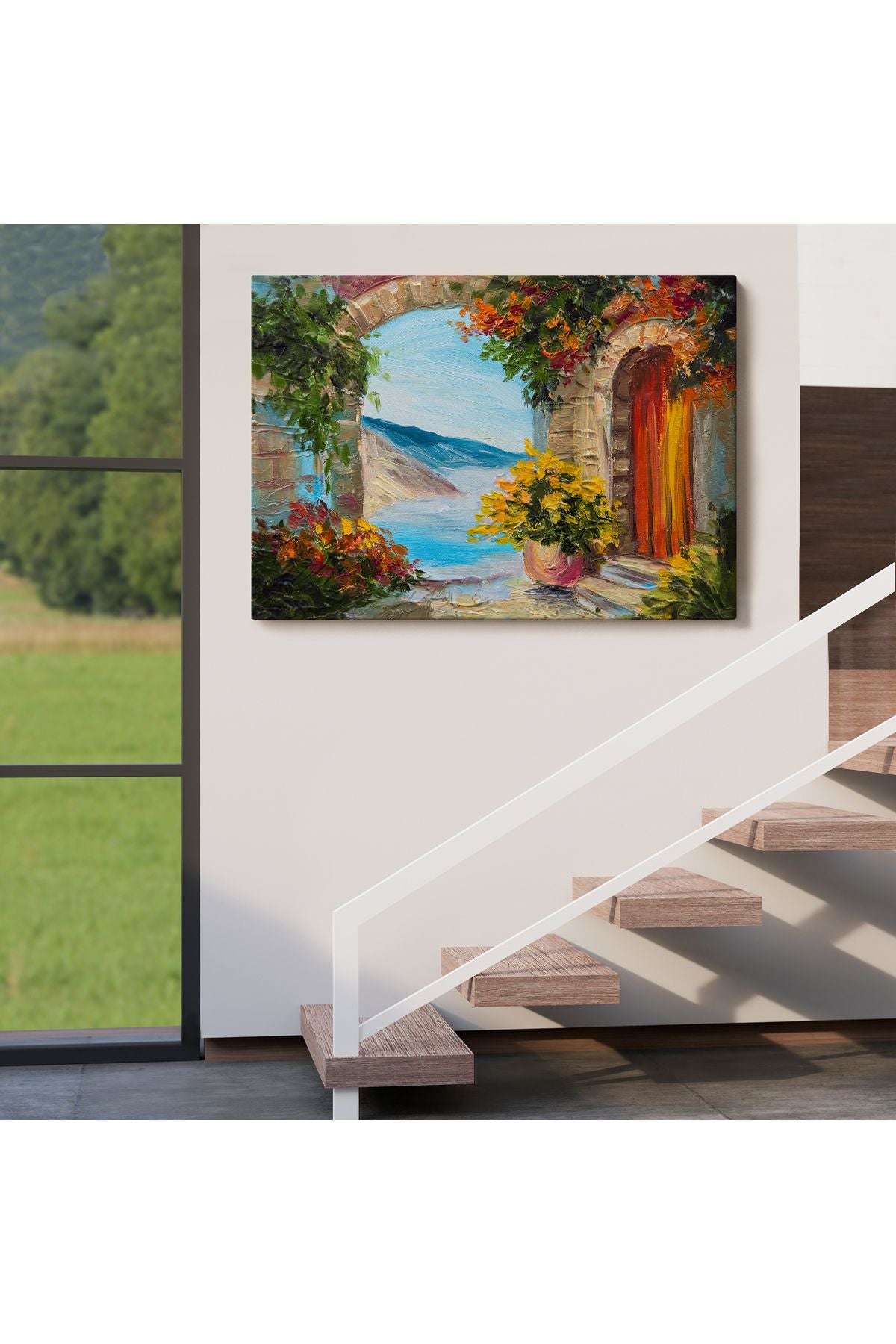 Dekoratif Duvar Tablosu-Deniz Manzaralı Ev ve Renkli Çiçekler Kanvas Tablo 3636