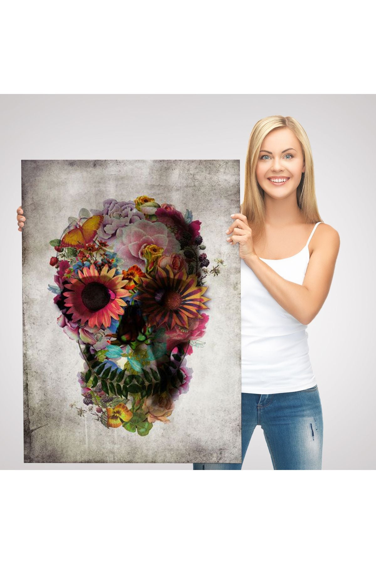 Şeker Kafatası Rengarenk Çiçekli Kafatası Ölülerin Günü Kanvas Tablo-5253