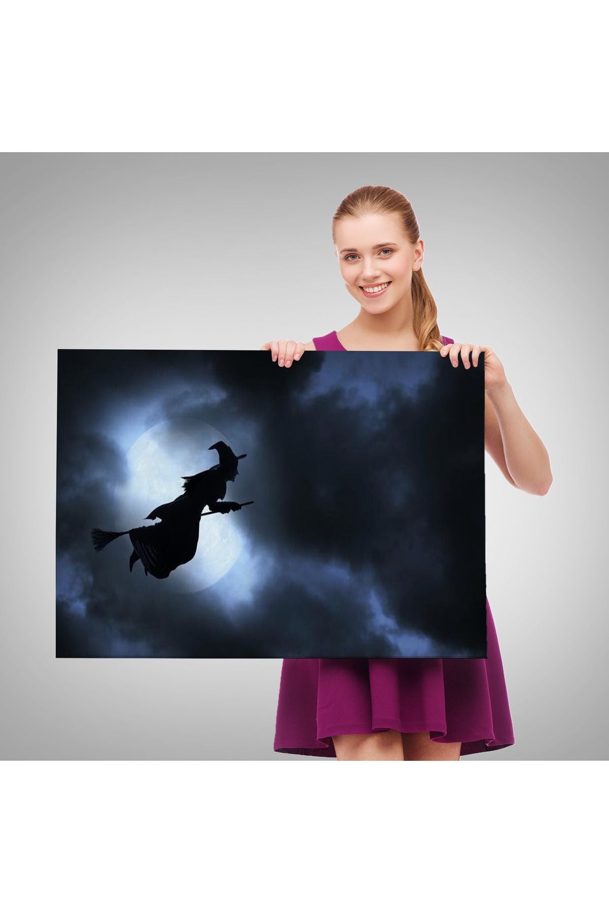 Süpürgede Uçan Cadı, Cadılar Bayramı Dekoratif Duvar Tablosu-5202