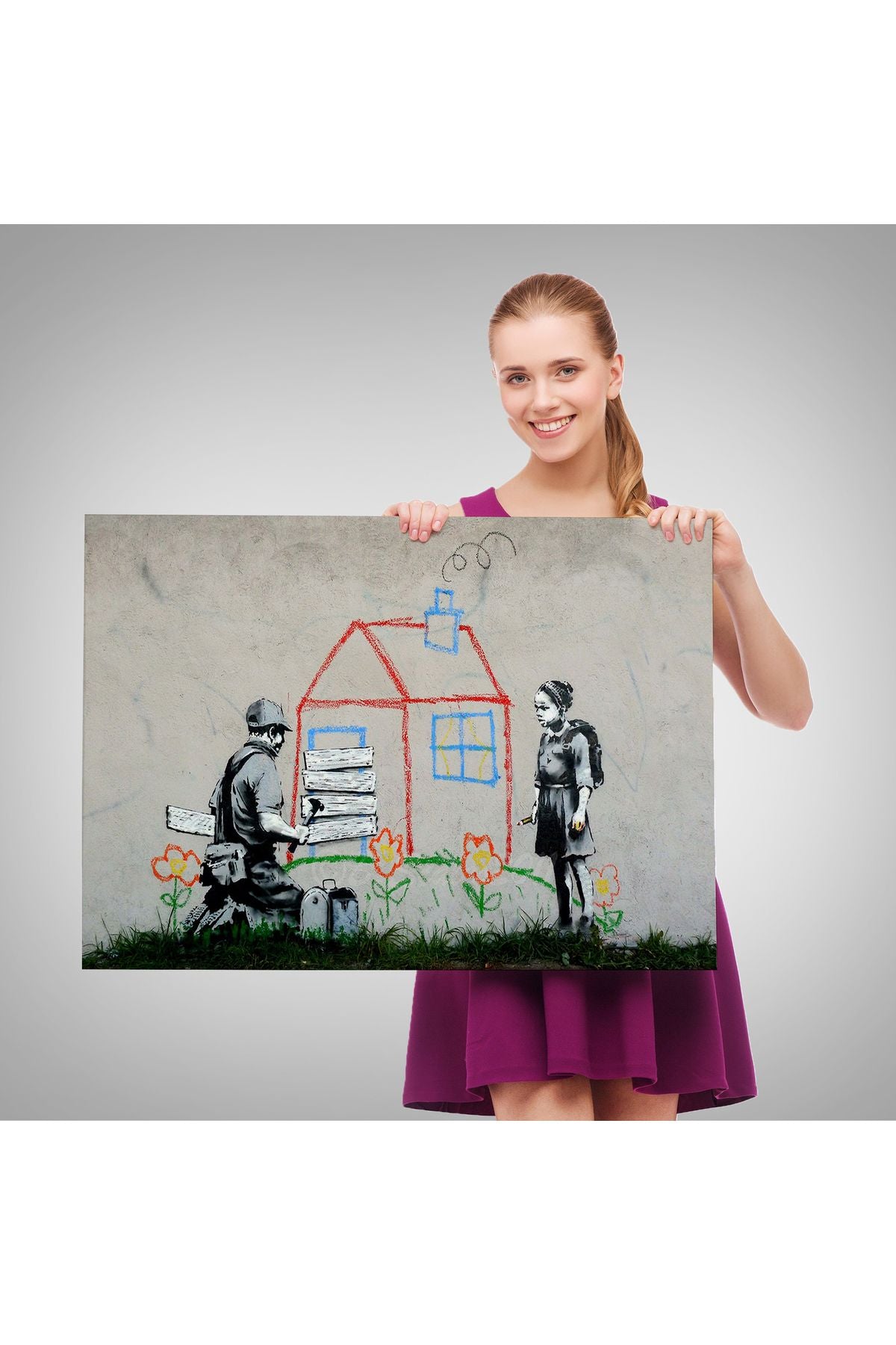 Bansky Çocuğun Çizdiği Evin Kapısını Kapatan Adam Kanvas Tablo-5019