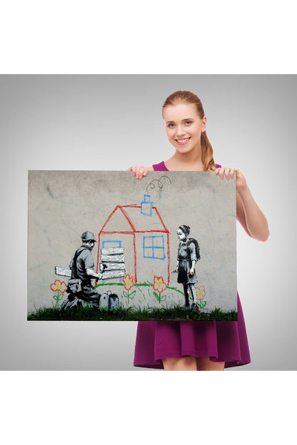 Bansky Çocuğun Çizdiği Evin Kapısını Kapatan Adam Kanvas Tablo-5019