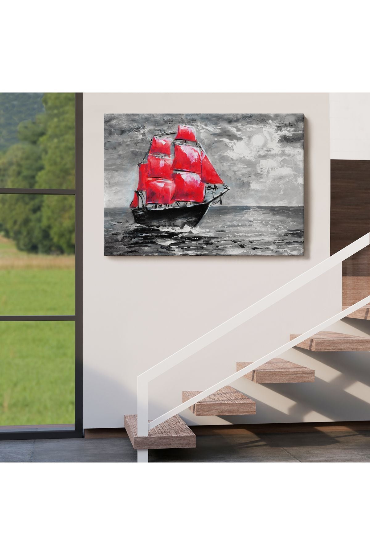 Okyanustaki Kırmızı Yelkenli Duvar Tablosu-1205