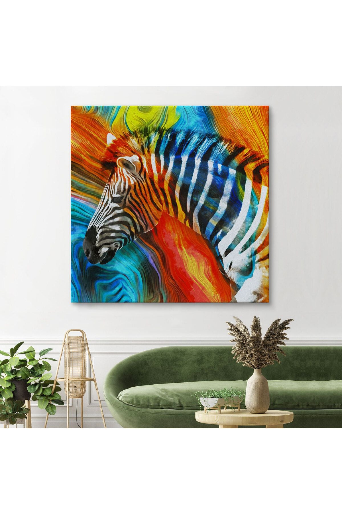 Renkli Zebra Yağlıboya Görünüm Dekoratif Kanvas Duvar Tablosu-5843