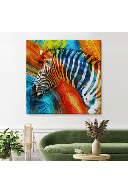 Renkli Zebra Yağlıboya Görünüm Dekoratif Kanvas Duvar Tablosu-5843