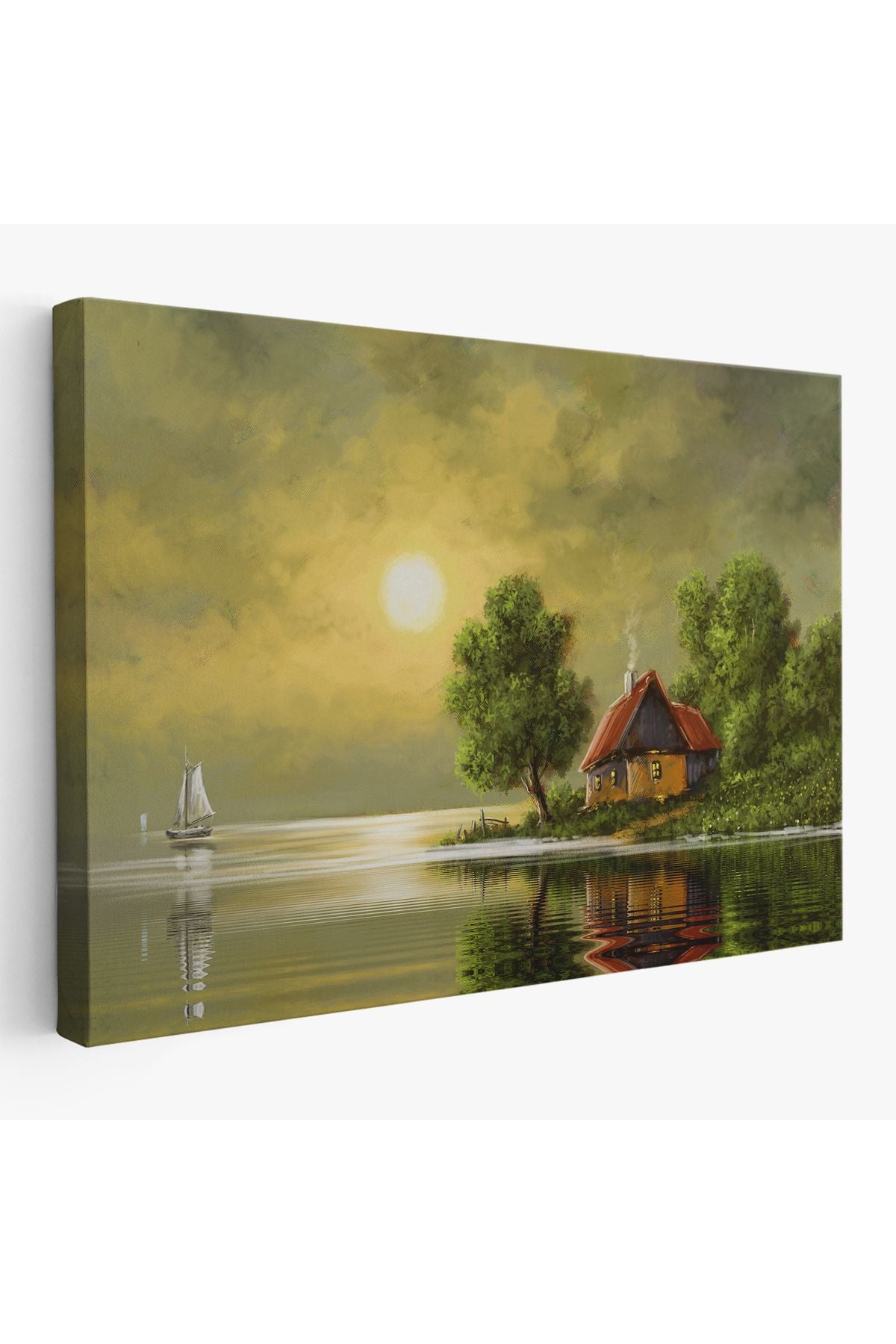 Göl Kenarındaki Köy Evi Yağlıboya Görünüm Dekoratif Kanvas Duvar Tablosu-3592