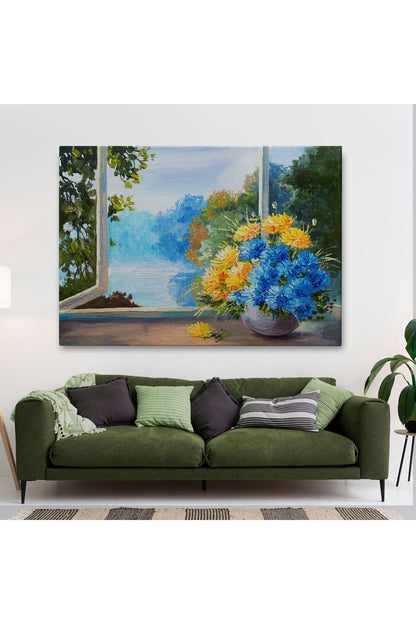 YB Pencere Kenarıdaki Çiçek Buketi Kanvas Duvar Tablosu-3453