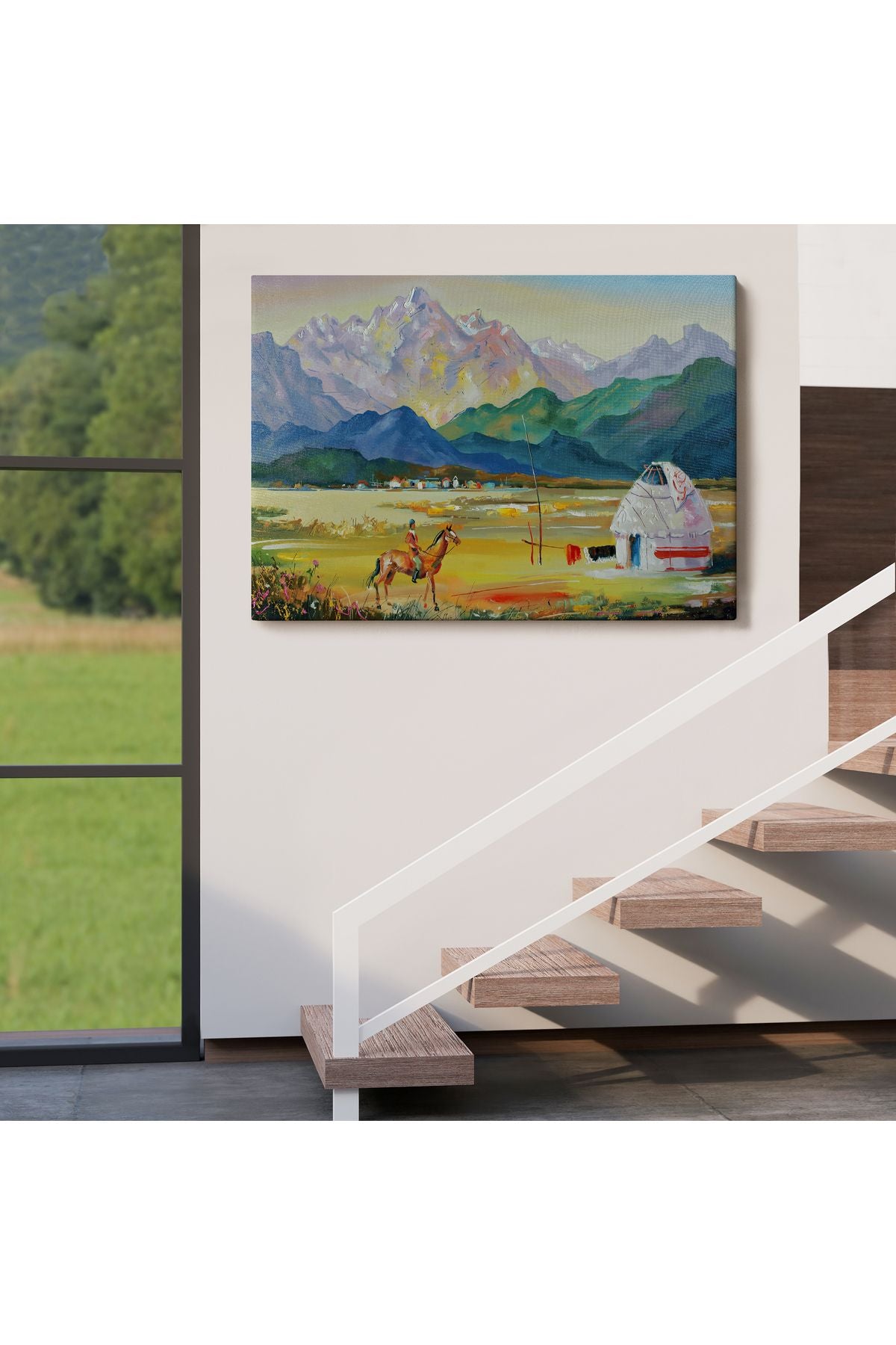 Kazakistan da Bir Göçebe Çadırı Yağlıboya Görünüm Dekoratif Kanvas Duvar Tablosu-3601