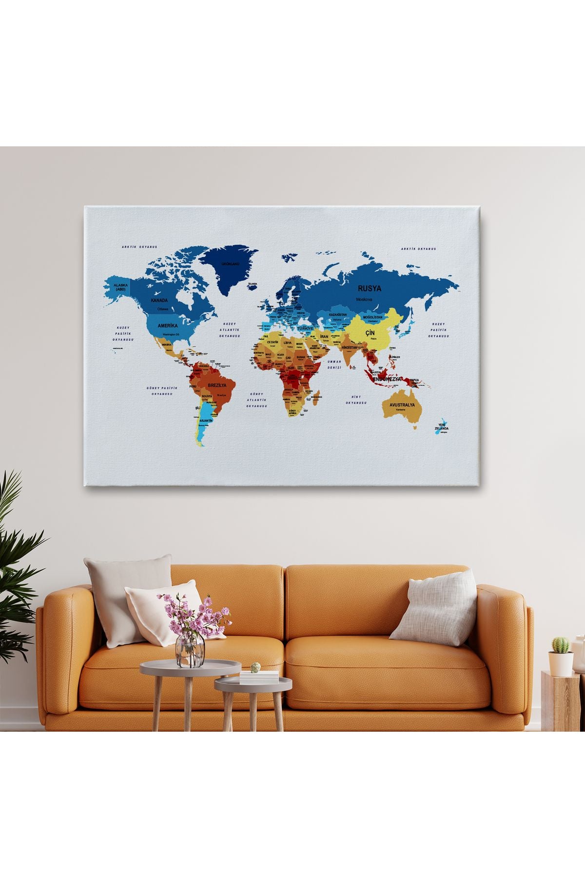 Türkçe Dünya Haritası Dekoratif Kanvas Tablo Ülke ve Başkentli 1492