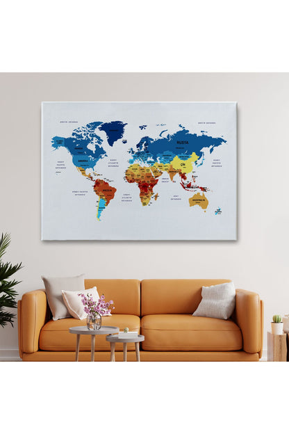 Türkçe Dünya Haritası Dekoratif Kanvas Tablo Ülke ve Başkentli 1492