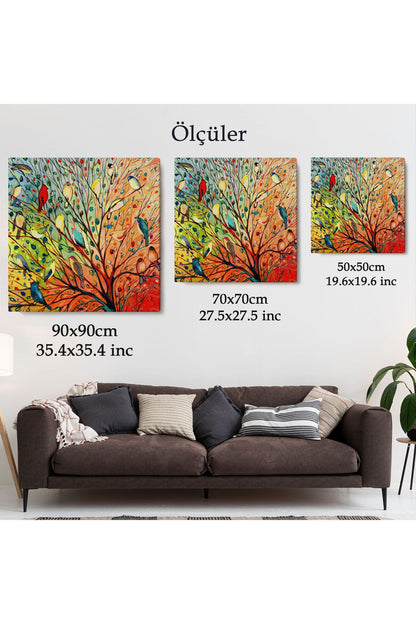 Renkli Ağaçtaki Renkli Kuşlar Kanvas Tablo-5887