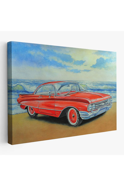 Kızmızı Retro Araba Yağlıboya Görünüm Dekoratif Kanvas Duvar Tablosu-3499