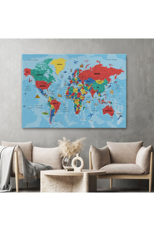 DB HG Türkçe Dünya Haritası Kanvas Tablo Son Derece Detaylı ve Dekoratif-2020