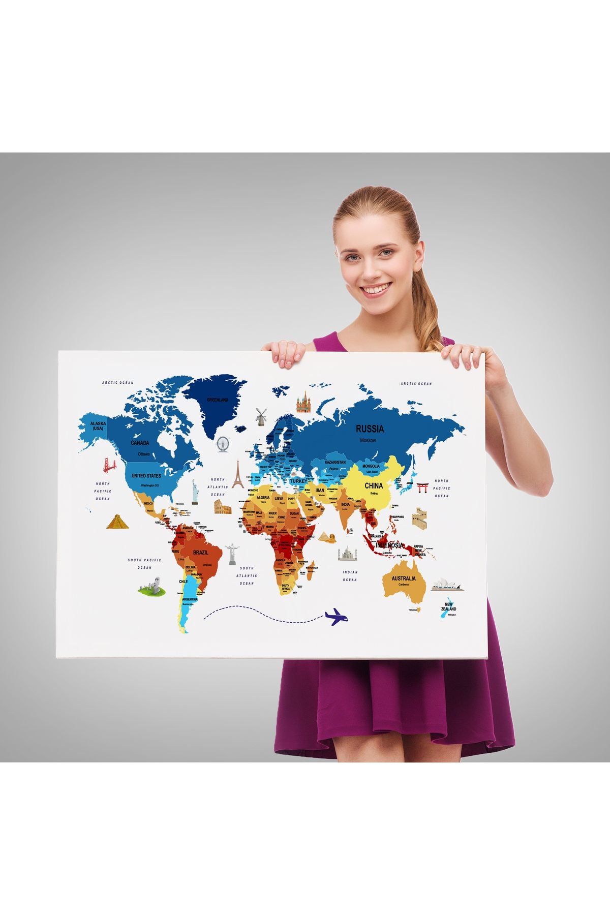 Dünya Haritası Dekoratif Kanvas Tablo Ülke ve Başkentli Öğretici ve Sembollü 2267