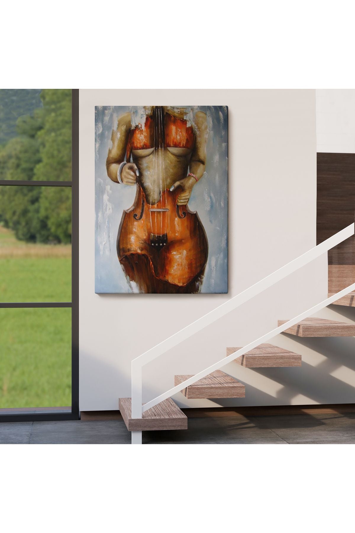 Violin Kadın Kanvas Duvar Tablosu, Kadın Keman Sanatı, Suluboya Tuval-5229