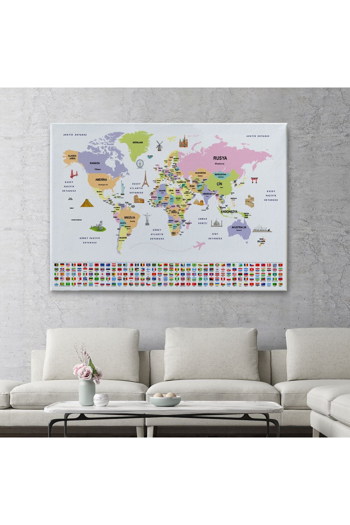 db01shp seri Türkçe Dünya Haritası Ülke Bayrak ve Başkentli Kanvas Tablo 1924