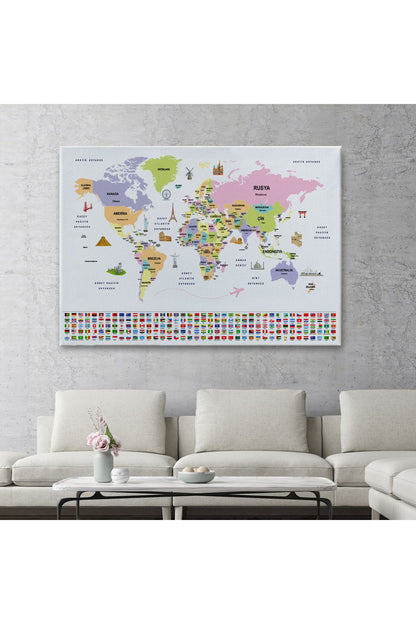 db01shp seri Türkçe Dünya Haritası Ülke Bayrak ve Başkentli Kanvas Tablo 1924