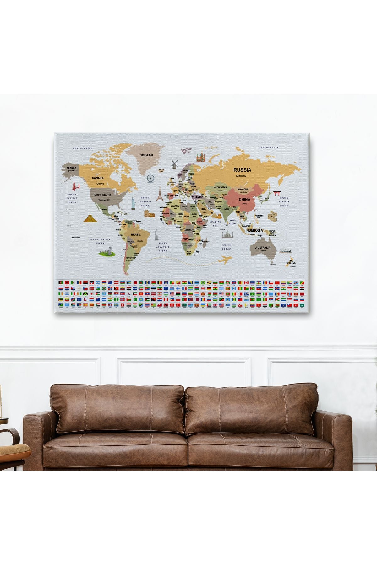 Dünya Haritası Ülke Bayraklı ve Başkentli Kanvas Tablo 1935