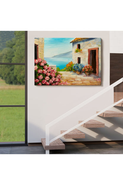 Çiçekler Arasındaki Deniz Manzaralı Ev Duvar Tablosu-3640