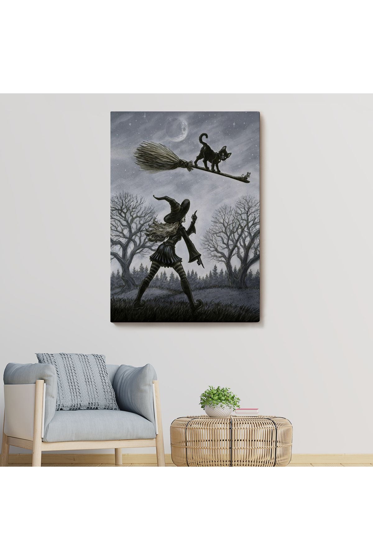 Cadı Süpürgesi ile Uçan Kara Kedi Tablosu, Witches Halloween-6353