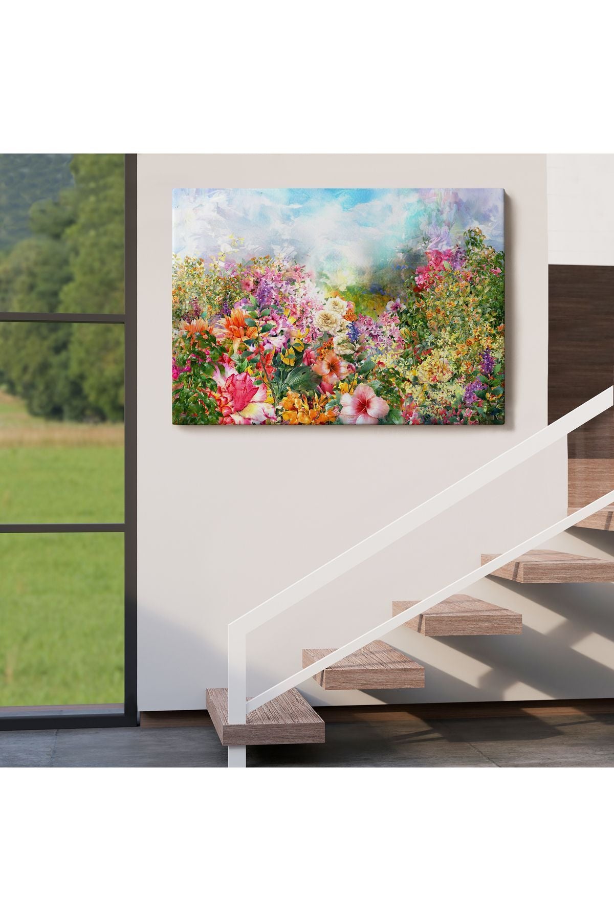 Suluboya Görünümlü Çok Renkli Çiçek Manzaralı Kanvas Tablo-1196
