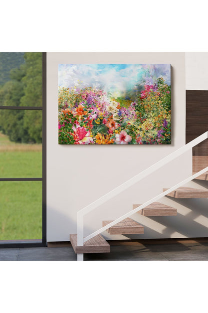 Suluboya Görünümlü Çok Renkli Çiçek Manzaralı Kanvas Tablo-1196