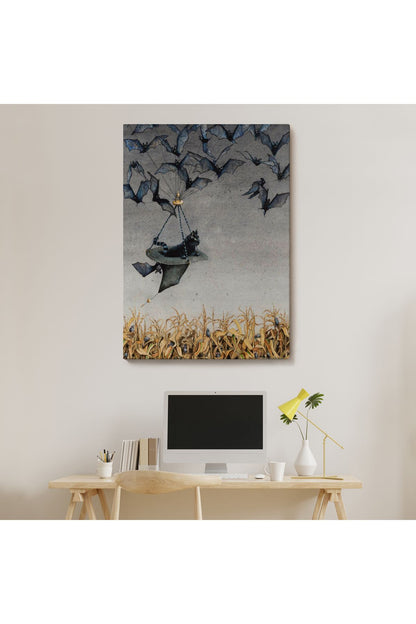 Tarla Farelerinin Üstünden Yarasaların Yardımı ile Uçan Kara Kedi Tablosu-6081
