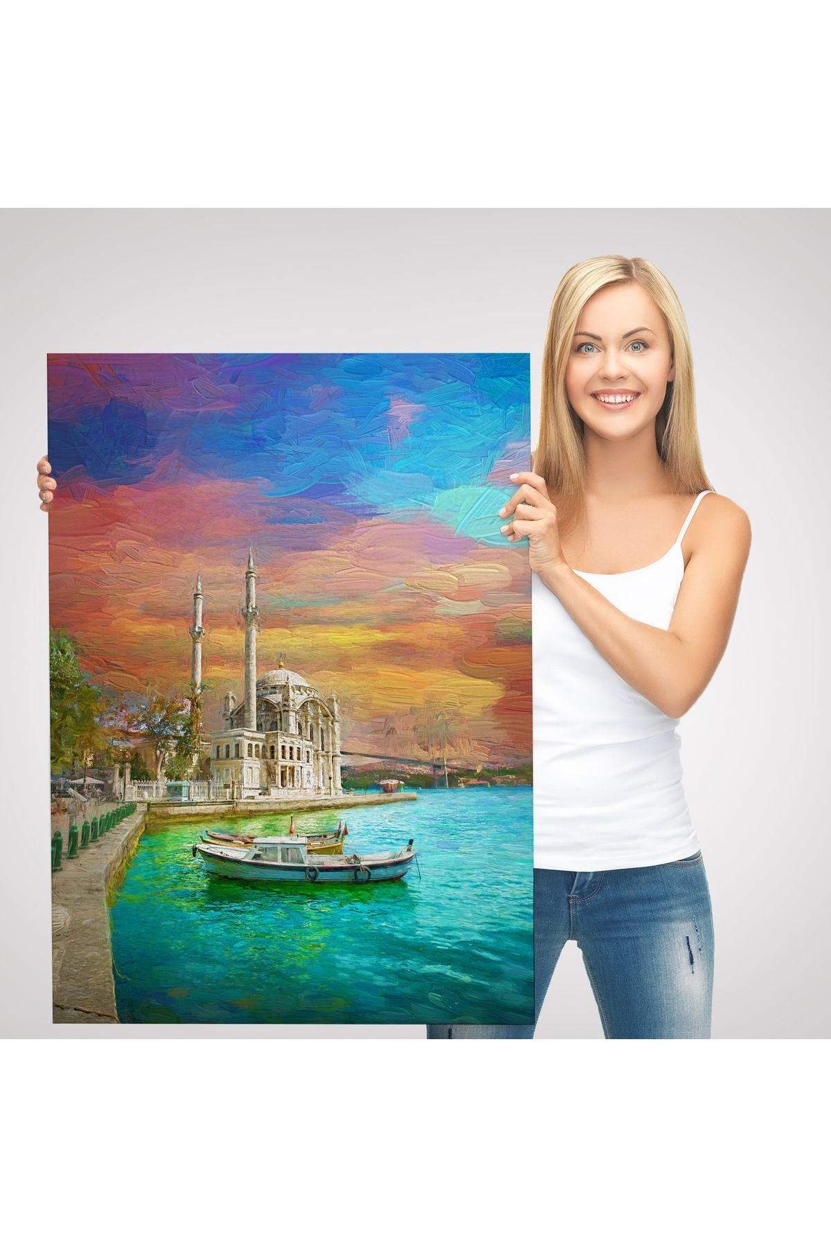 Ortaköy Cami Ve Boğaz Köprüsü Yağlıboya Görünüm Kanvas Duvar Tablosu-5946