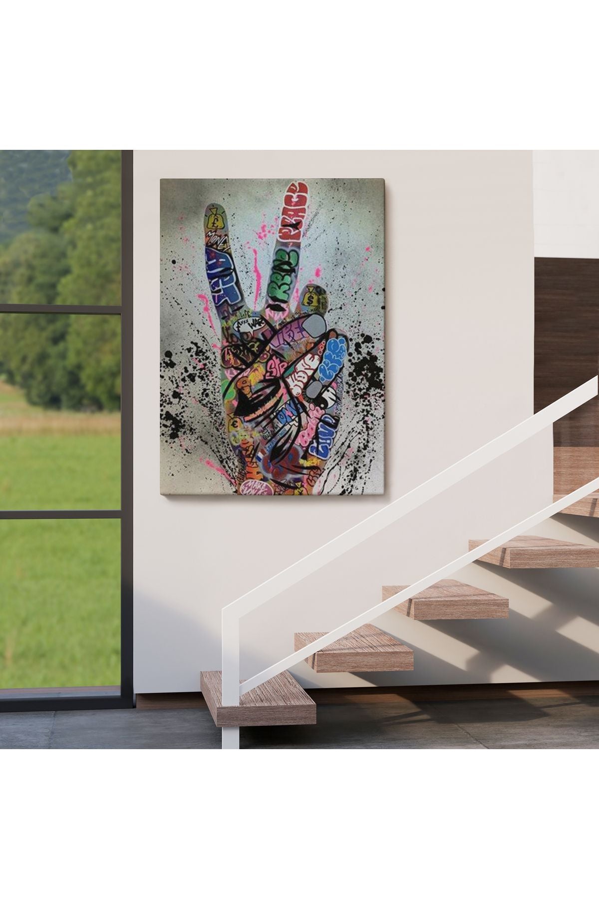 Bansky El Hareketi Kanvas Tablo, Graffiti Zafer İşareti Sokak Sanatı Tablo-5309