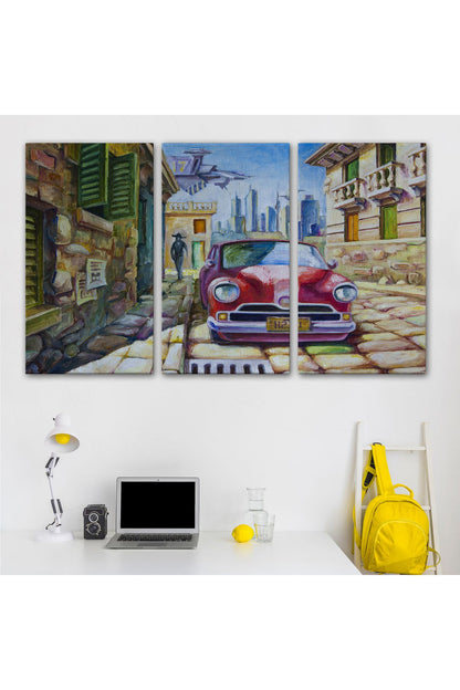 Dekoratif Kanvas Tablo, Duvar Tablosu-Yağlıboya Görünüm Eski Kırmızı Araba 3433