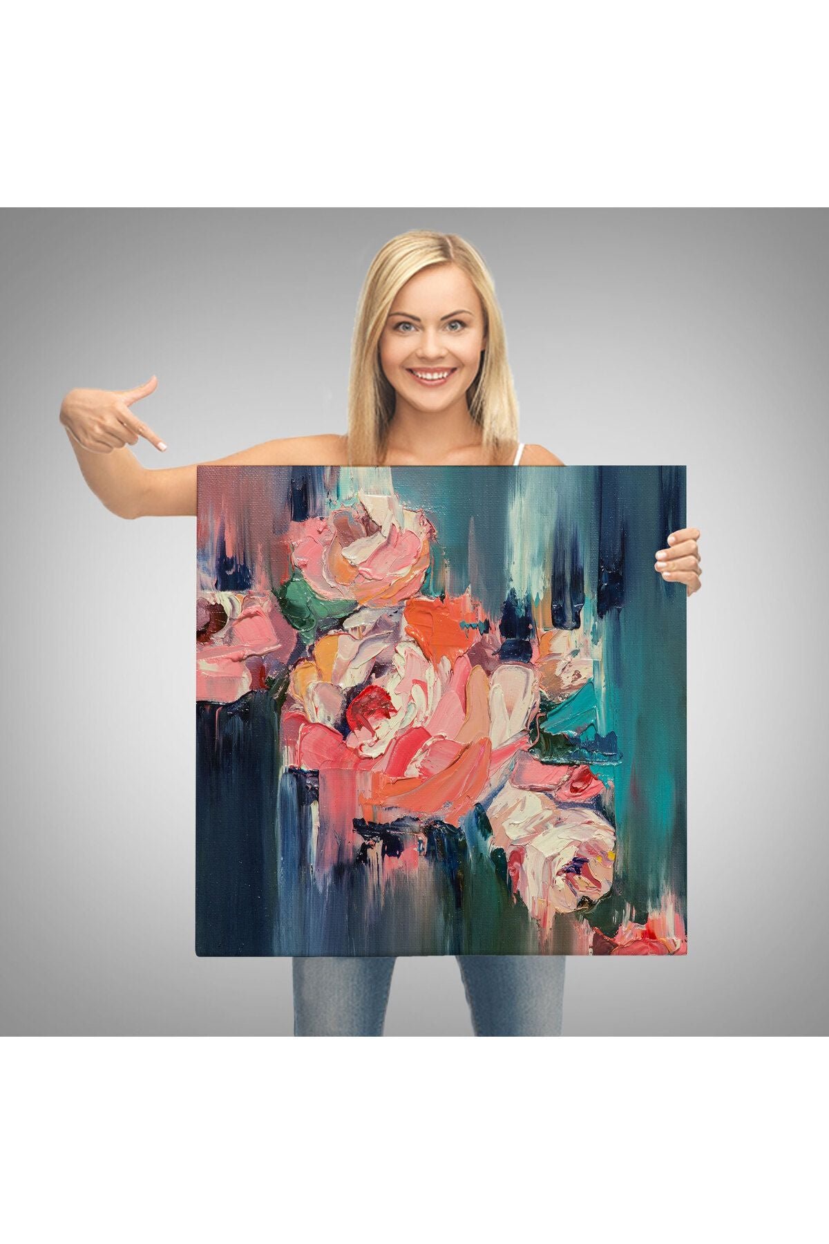 trndry seri001 Renkli Çiçekler Yağlıboya Görünüm Dekoratif Kanvas Duvar Tablosu-5833