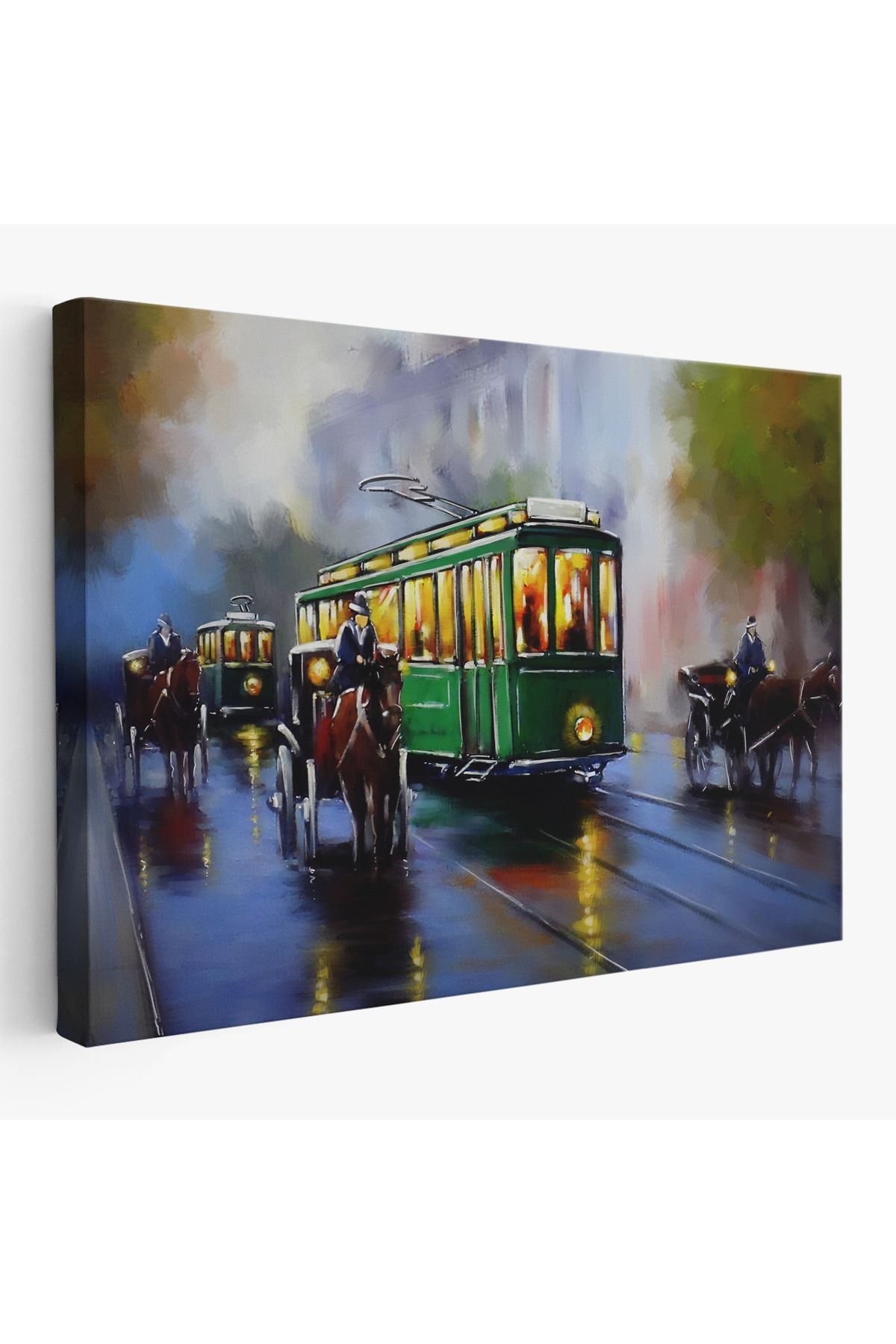 Eski Tramvay Retro Yağlıboya Görünüm Dekoratif Kanvas Duvar Tablosu-3574