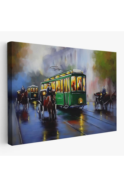 Eski Tramvay Retro Yağlıboya Görünüm Dekoratif Kanvas Duvar Tablosu-3574