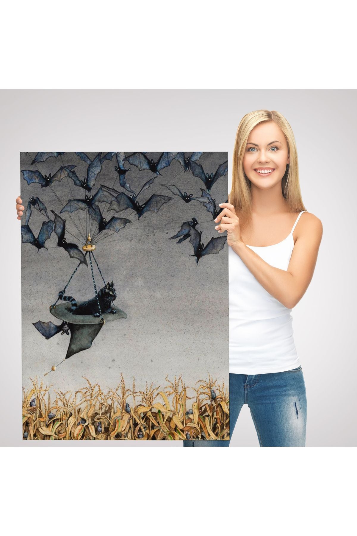 Tarla Farelerinin Üstünden Yarasaların Yardımı ile Uçan Kara Kedi Tablosu-6081