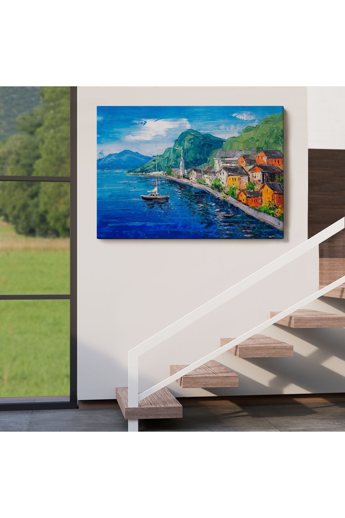 Hallstatt Avusturya  Yağlıboya Görünüm Dekoratif Kanvas Duvar Tablosu-3742