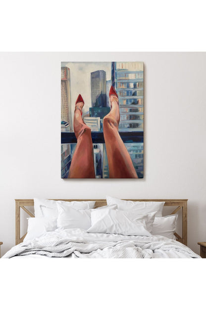 New York da Dinlenen Kırmızı Ayakkabılı Sexi Kadın Tablosu-6184