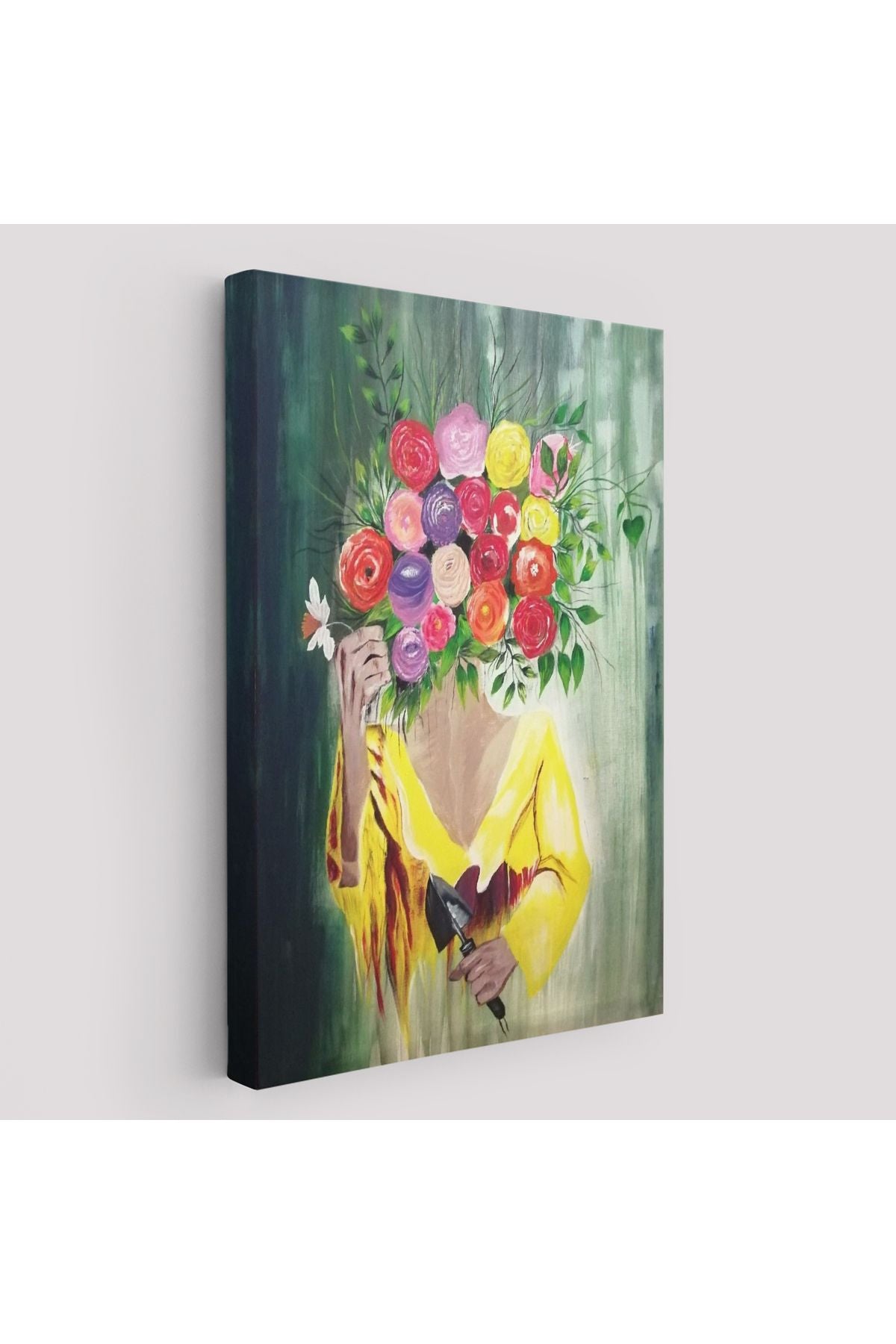 Çiçek Başlı Kadın Portresi Yağlıboya Görünüm Dekoratif Duvar Tablosu-6394