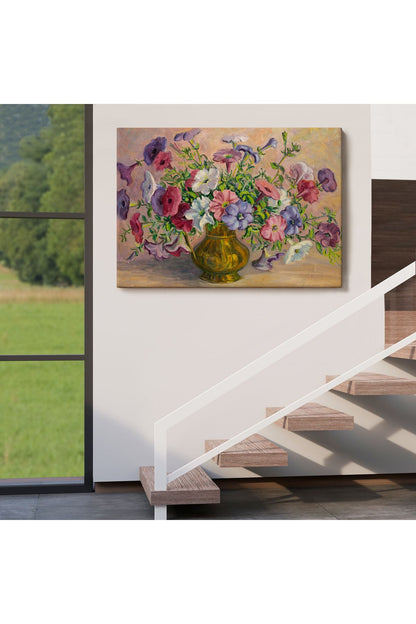 Vazoda Çiçekler Vintage Yağlıboya Görünüm Dekoratif Kanvas Duvar Tablosu-3672