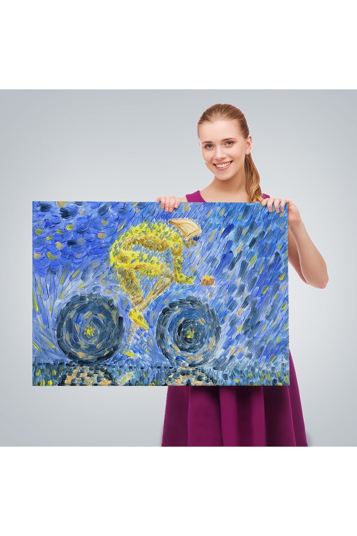 Yağmurda Süren Bisikletçi Yağlıboya Görünüm Dekoratif Kanvas Duvar Tablosu-3609